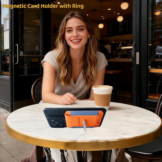 for Magsafe Wallet, Slim Magnetic Card Wallet with Grip, 7 Cards Holder RFID Blocking, Ring Stand Stick on Wallet with Privacy Flap(Orange)