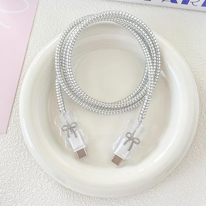 Protective Set: Compatible with Apple 40W Dynamic Power Adapter, Cute Crystal Wave Soft TPU Charger Case + Exquisite Laser Charging Cable Protector for iPhone 17 Charger (Silver Bowknot, 5in1)