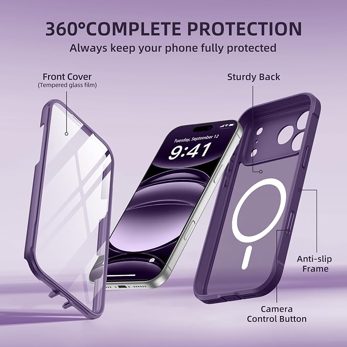 BERFY for iPhone 17 Pro Max Case, Compatible with MagSafe, Built-in Glass Screen Protector, Camera Protection, Shockproof Full Body Phone case 6.9", Translucent Deep Purple