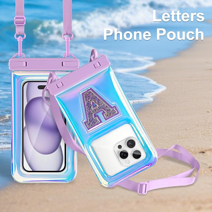 Waterproof Phone Pouch, IPX8 Floating Waterproof Phone Case Fits 7″Phones, Glitter Letter and Adjustable Neck/Crossbody Strap Design, Cruise Ship Travel Beach Essentials( Iridescent Purple