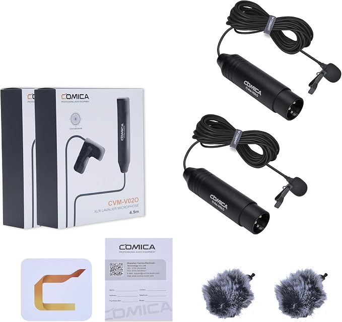 COMICA XLR Microphone CVM-V02O 2 Pack 14.76 fts Phantom Power Omni-Directional Lavalier Lapel Microphone for Canon Sony Panasonic Camcorders Zoom H4n H5 H6 Tascam DR-40 DR-60D DR-70D DR-100 Recorders
