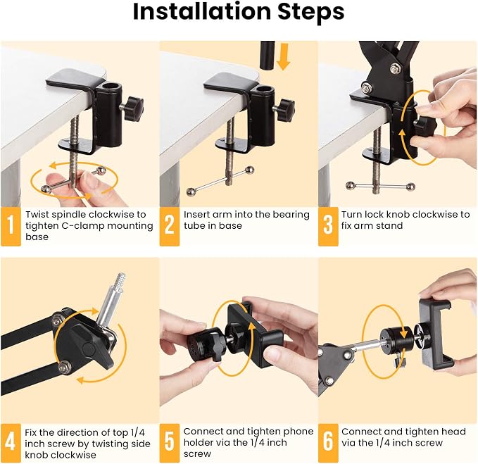 TARION Overhead Video Arm Articulating Flexible Cell Phone Holder for Desk Table Phone Stand Holder for Overhead Video Filming Livestream Flat Photography Videography