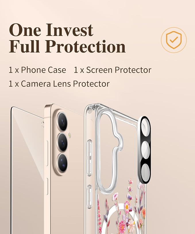 GVIEWIN for Samsung Galaxy S26 Plus Case Compatible with MagSafe, Clear Floral Shockproof Protective Women Phone Case, Non-Yellowing, Screen&Camera Lens Protector for S26 Plus 6.7",Floratopia/Orange