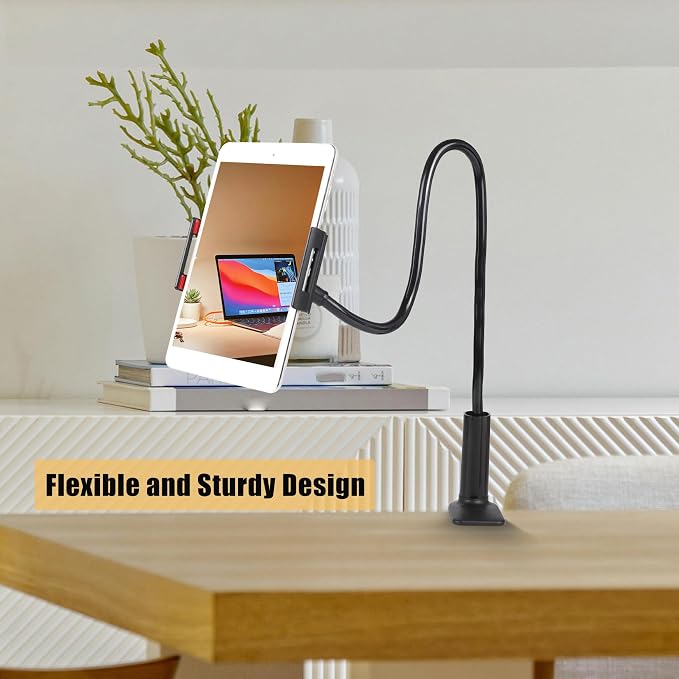 Tablet Stand Holder for Bed, Gooseneck Mount Stand Clip Flexible Long Arm Tablets Mount Clamp on Table,Cell Phone Holder Compatible with 4-10 Inches Devices and Cell Phones