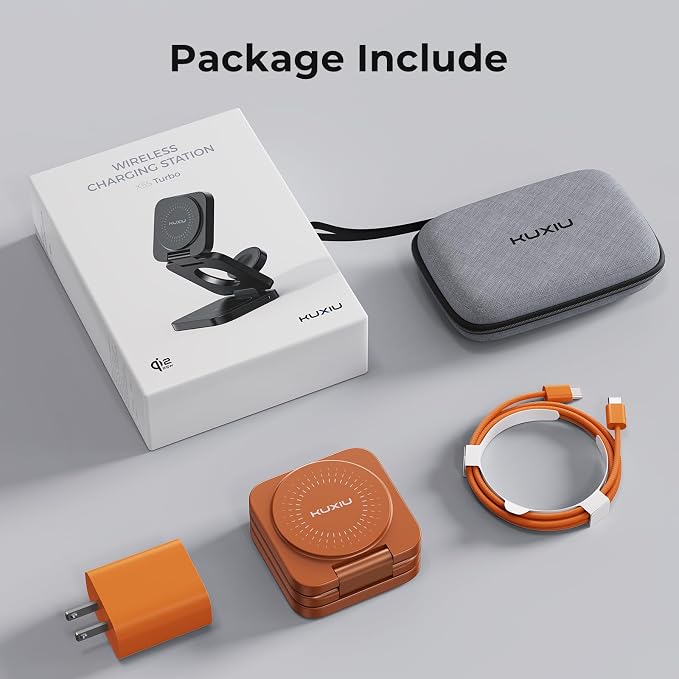 KU XIU Qi2.2 25W 3-in-1 Charging Station for Apple Device, Foldable Magnetic Charger for iPhone 17/16, 5W for Apple Watch & AirPods, Fast Travel Wireless Charging Stand with 45W Adapter