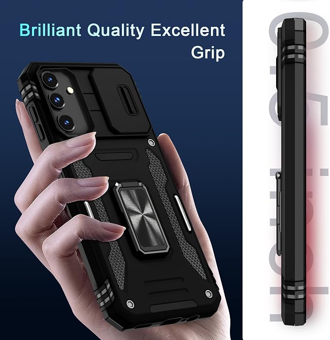 DEERLAMN Case for Samsung Galaxy A15 5G with Slide Camera Cover+Screen Protector (1 Pack), Rotated Ring Kickstand Military Grade Shockproof Protective Cover-Black