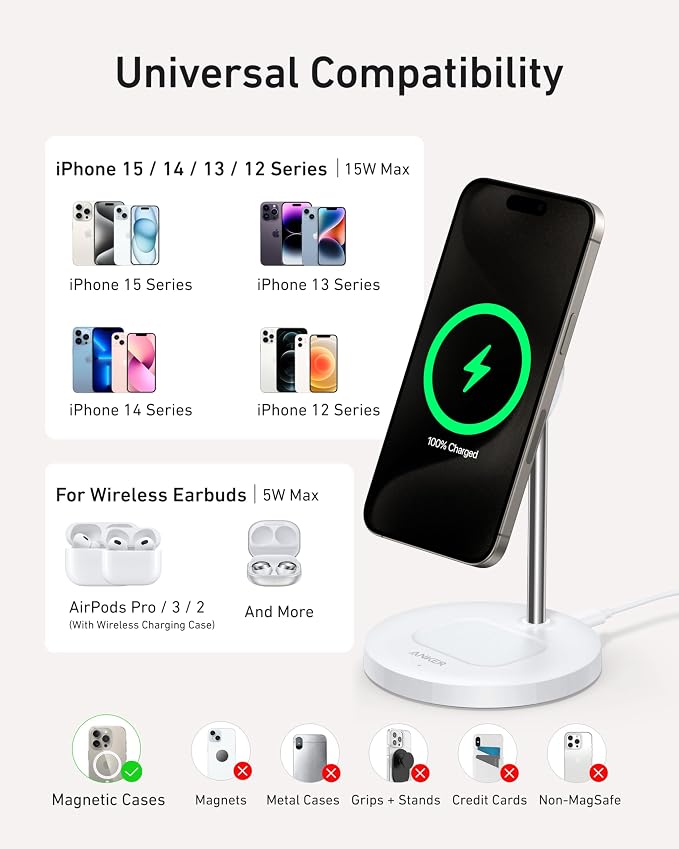 Anker MagSafe Compatible MagGo Charger Stand, iPhone 17 Wireless Charger, 2-in-1 Charging Station, Qi2 Certified 15W Fast Charging, for iPhone 17/16/15/14/13/12, AirPods Pro (40W Adapter Included)