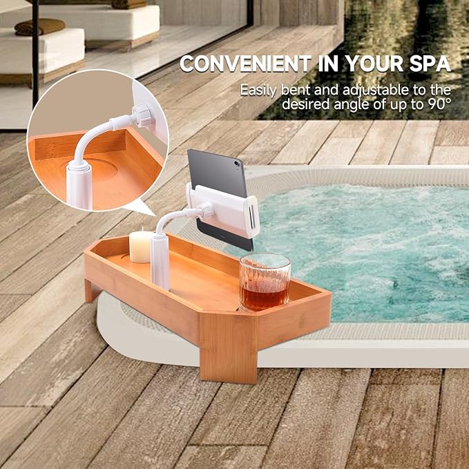 POOLCOMFT Bamboo Hot Tub Tray Table with Adjustable Nonslip Phone Holder, Bath Table Tray Drink Holder for Spa Bathtub, Hot Tub Accessories for Adults, Relaxing Must Have Bath Caddy