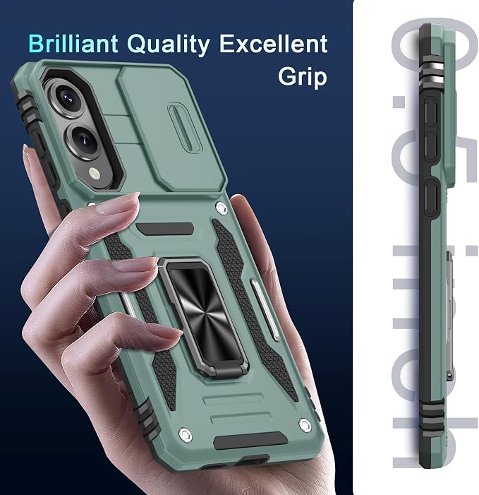 DEERLAMN Case for Samsung Galaxy S25 Edge with Slide Camera Cover+Screen Protector (1 Pack), Rotated Ring Kickstand Military Grade Shockproof Protective Cover-Green