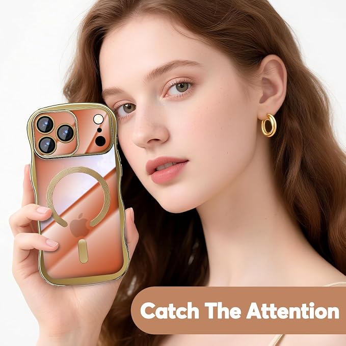 Misscase Designed for iPhone 17 Pro Max Case 6.9",with Privacy Screen Protector*1,Cute Wave Frame Case with Camera Lens Protector,Compatible with MagSafe Plating Bling for Women Gold