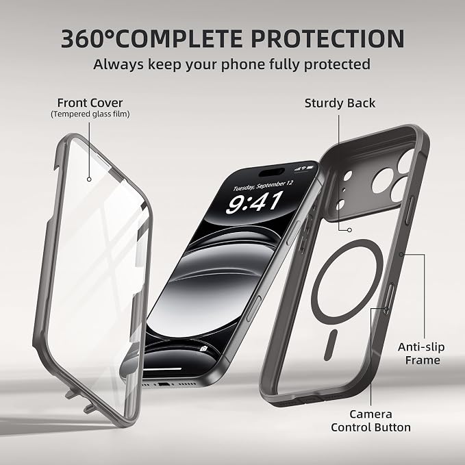 BERFY for iPhone 17 Pro Max Case, Compatible with MagSafe, Built-in Glass Screen Protector, Camera Protection, Shockproof Full Body Phone case 6.9", Clear Grey