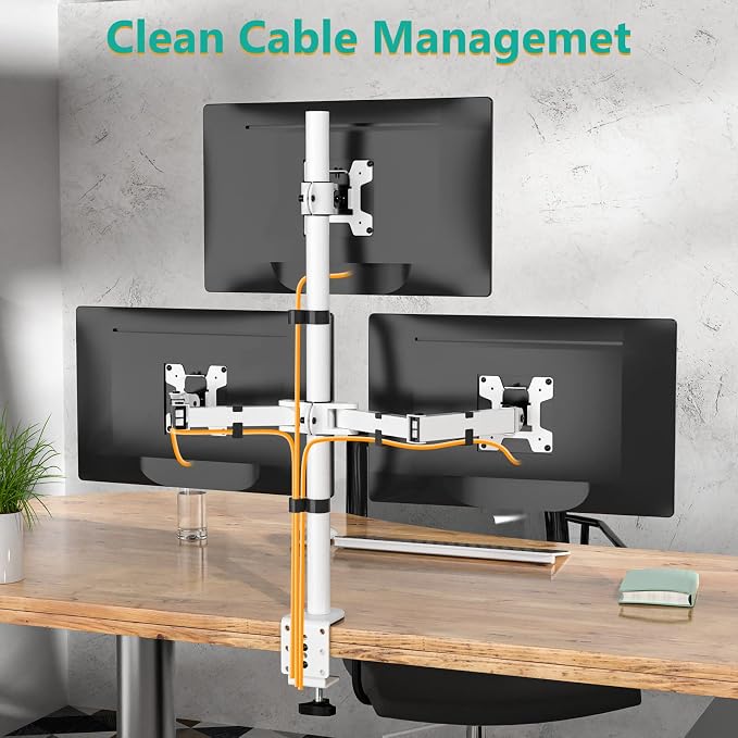 WALI Tall Triple Monitor Stand, Fully Adjustable Three Monitor Desk Mount Fits 3 Screens up to 27 inch, 22 lbs. Weight Capacity per Arm (M003-W), White