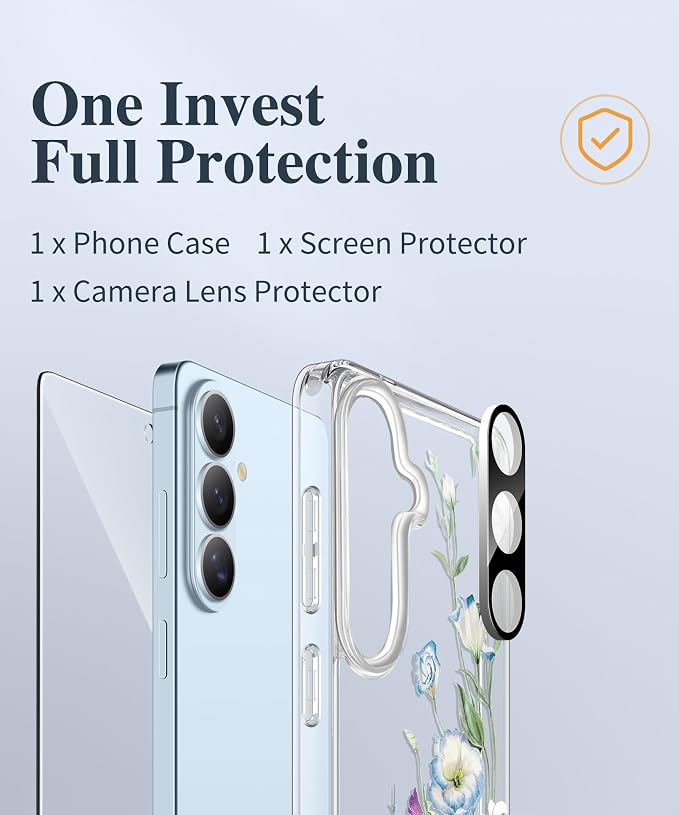 GVIEWIN for Samsung Galaxy S26 Plus Case, Clear Floral Slim Shockproof Protective Women Phone Case, Non-Yellowing, with Screen Protector&Camera Lens Protector for S26 Plus 6.7", Aquilegia/White