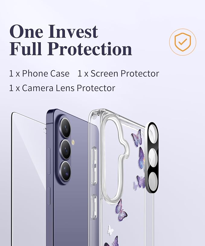 GVIEWIN for Samsung Galaxy S26 Plus Case, Clear Floral Slim Shockproof Protective Women Phone Case, Non-Yellowing, with Screen Protector&Camera Lens Protector for S26 Plus 6.7", Alluring Butterfly