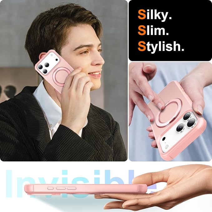 360° Magnetic Swivel Ring for iPhone 17 pro max case, Built-in Metal Stand and Ring Holder, Magsafe Compatible, Military Grade Protection, Shock and Vibration Resistant- Pink