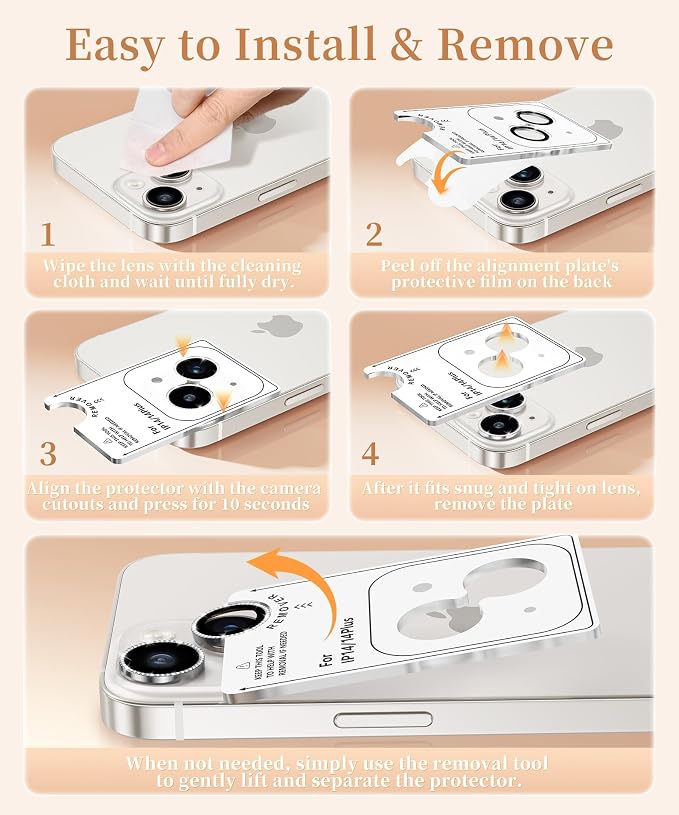 GolbinBox Camera Lens Protector for iPhone 14/14 Plus, 1:1 Invisible Fit, 9H Tempered Glass Ultra HD Metal Individual Camera Cover for Women, Case Friendly, Bling/Silver
