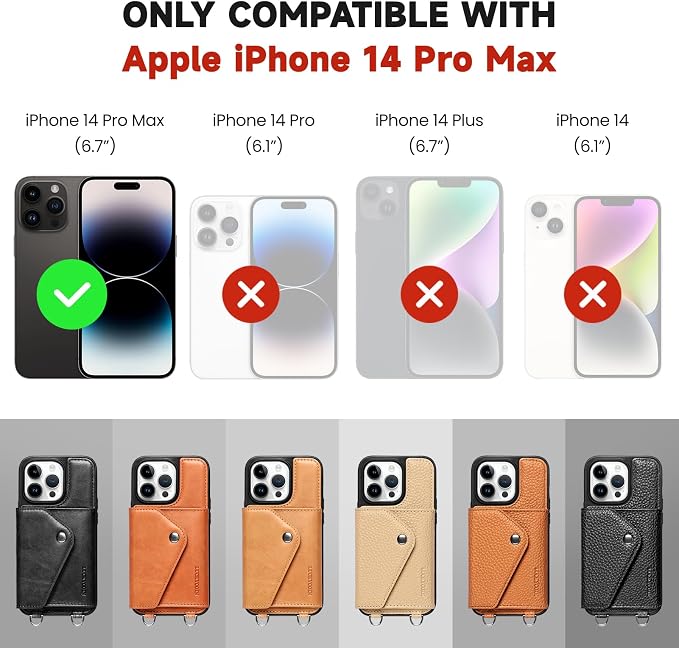LUCKYCOIN for iPhone 14 Pro Max Crossbody Wallet Case – Genuine Leather Phone Purse with Adjustable Strap and Card Holder,Lanyard Phone Purse Case for Women,Pebble Grain Beige