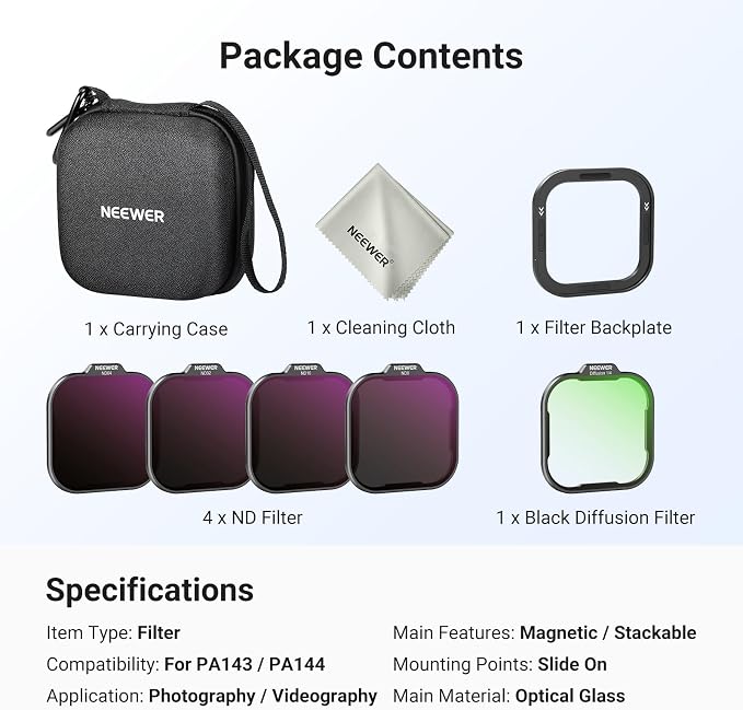 NEEWER ND Filter Set for PA143/PA144 Phone Cage Only, Neutral Density ND8/16/32/64 + Black Diffusion 1/4 + Magnetic Backplate, Filter Accessories Kit Compatible with iPhone 17 Pro/17 Pro Max, Black