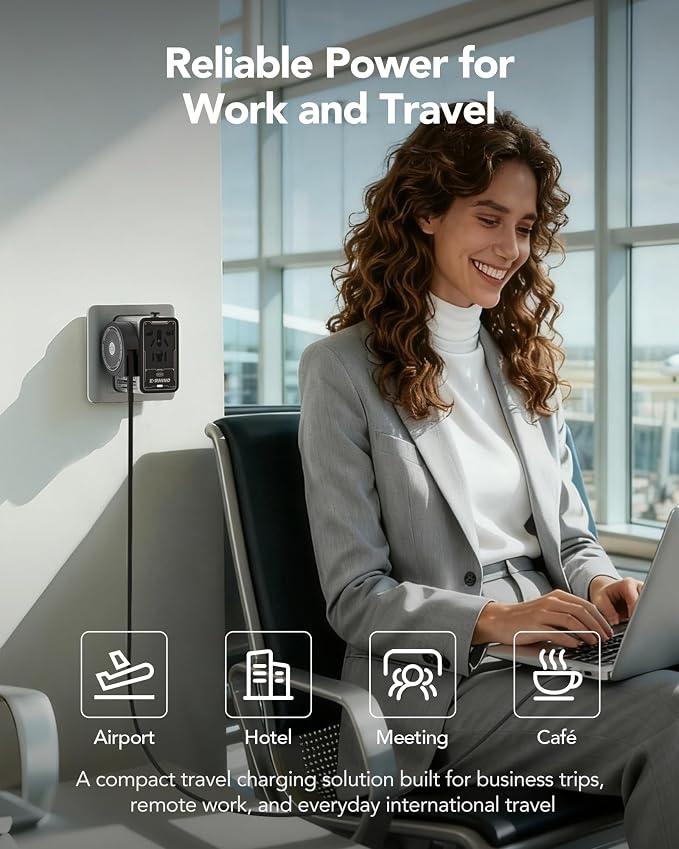MFish 75W Universal Travel Adapter, 5-Port International Power Adapter with Retractable USB-C Cable, 3 USB-C & 1 USB-A + AC Outlet, Worldwide Wall Charger for MacBook, iPhone, iPad, EU/UK/US/AUS, Grey