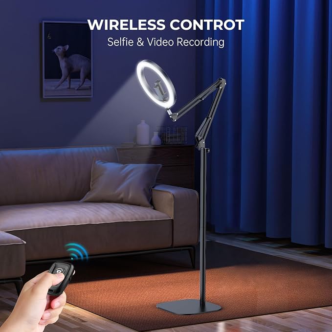 10" Ring Light with Stand Tripod for iPhone, Overhead Phone Camera Mount, Adjustable 70" Height Tripod Holder Floor, Phone Stand for Video Recording Filming Streaming Cooking TikTok YouTube, CRI >95