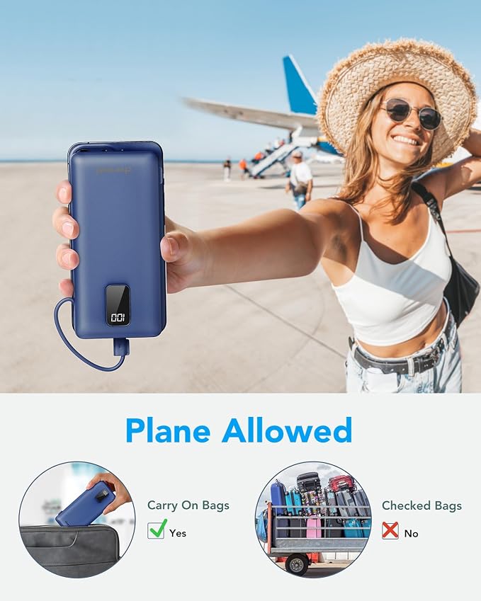 charmast Portable Charger with Built-in Cables and Plug, 10000mAh USB C Power Bank Fast Charging, External Battery Pack Slim, Travel Essentials Compatible with iPhones, Samsung Galaxy, iPad (Grey)