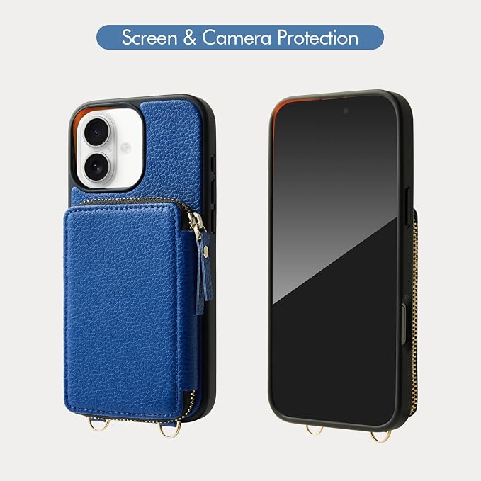 ZVE for iPhone 17 Wallet Case with Card Holder, Crossbody Zipper Leather Phone Cover with Wrist Strap 6.3" Navy Blue