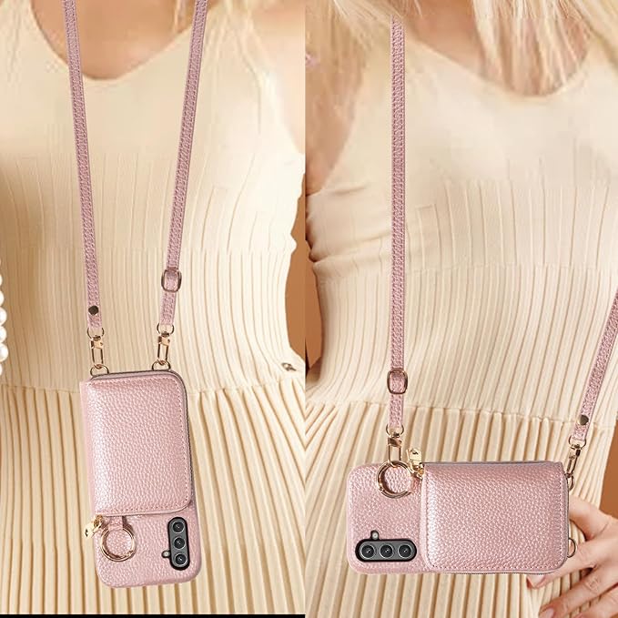 Wallet Case for Samsung Galaxy A56 5G with Shoulder Strap Ring Buckle, Luxury PU Leather Zipper Flip Organ Purse, Credit Card Holder Stand Full Body Cell Phone Cover for A 56 56A LTE Rose Gold