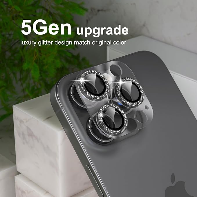 Choiche Compatible for iPhone 16 Pro/iPhone 16 Pro Max Camera Lens Protector, Bling Camera Cover with 9H Tempered Glass Lens Screen Protector Metal Ring Decoration Accessories(Clear-Black)