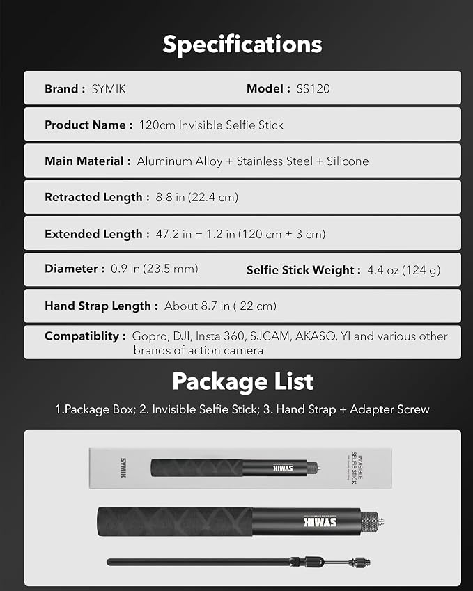 SYMIK Invisible Selfie Stick for Insta360 (120cm/47.2in), Aluminum Alloy Extension Stick Portable Extendable Monopod Pole with 1/4'' Screw and Wrist Strap for Insta 360 X5 X4 Air X3 ONE X2 Osmo 360