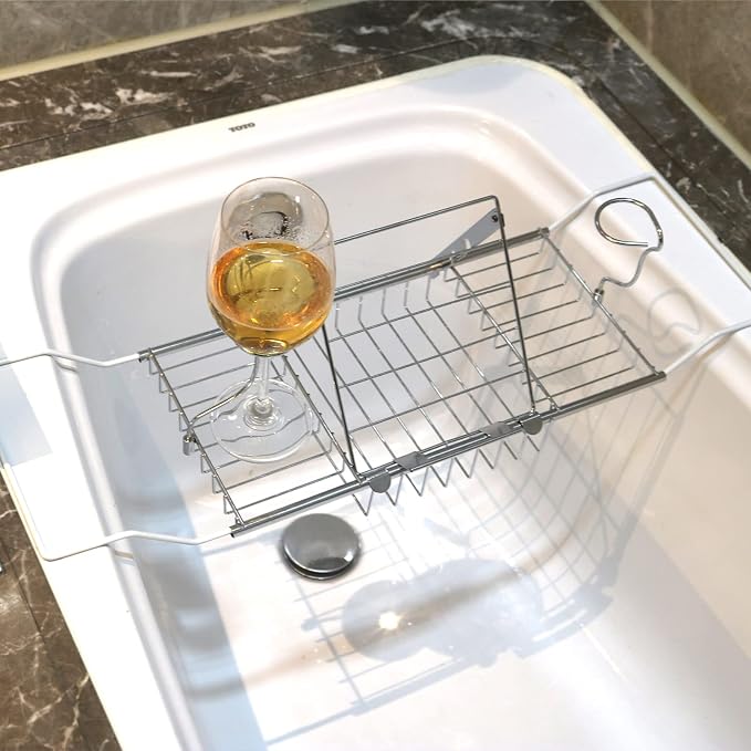 BDL Bathtub Caddy Tray Expandable Bath Tub Table with Wine Holder, Free Soap Dish and Laptop Reading Rack, Bathtub Tray for Home (Silver)