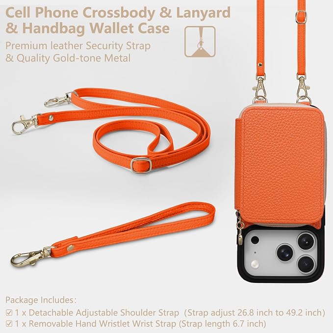 Keallce Case for iPhone 17 Pro 6.3'' Case Wallet, Crossbody Zipper Purse with RFID Blocking Card Slots Kickstand, Lanyard & Handstrap Flip Folio Leather Phone Cover for iPhone 17 Pro, Orange