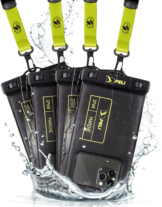 Peli 4 Pack Marine - IP68 Waterproof Phone Pouch (Regular Size)-Floating Waterproof Phone Case for iPhone 16 Pro Max/iPhone 15 Pro/14 Pro/13/12/S25 - Detachable Lanyard - Black/Hi-Vis Yellow