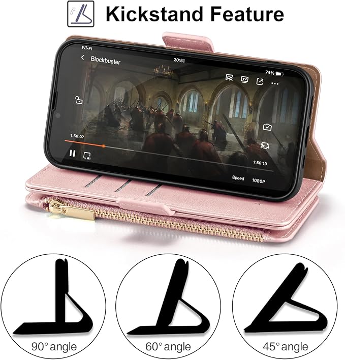Antsturdy Compatible with iPhone 16 Plus Wallet Case,RFID Blocking PU Leather Phone Case Women Men Kickstand flip Cover Wrist Strap Zipper Credit Card Holder Slots for Apple 16 Plus 6.7",Rose Gold