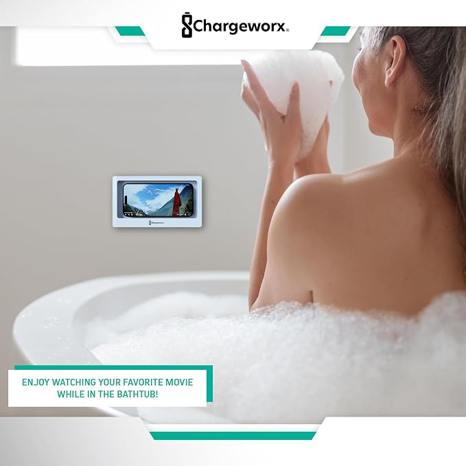 CHARGEWORX Waterproof Shower Phone Holder Wall Mount, Anti-Fog Touchscreen Phone Case for Bathroom, Universal Smartphone Holder up to 7”, Hands-Free Cell Phone Stand, White