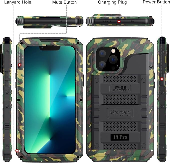 Beasyjoy Waterproof Case for iPhone 13 Pro, Full Body Protective Cover with Built-in Screen Protector, Heavy Duty Metal Rugged Shockproof Dustproof Defender Phone Case 6.1 Inch, Camo