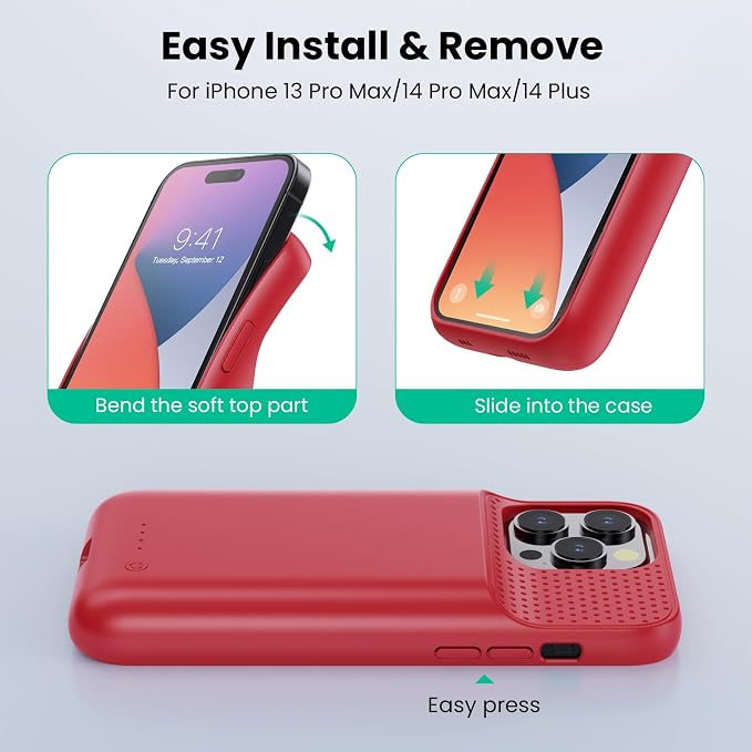 Battery Case for iPhone 14 Pro Max,14 Plus and 13 pro Max, Real 8600mAh Rechargeable Smart Extended Charging Case, Ultra-Slim Portable Protective Battery Pack (6.7 inch) Red