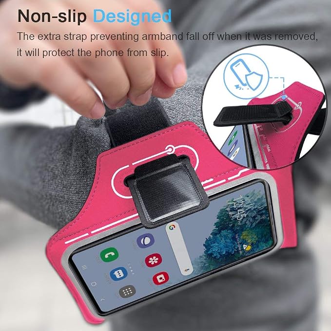 JEMACHE Armband for Samsung Galaxy S26 S25 S24 S23 S22 Ultra/Plus/FE, Gym Running Workouts Arm Band with Earbuds Holder (Rosy)