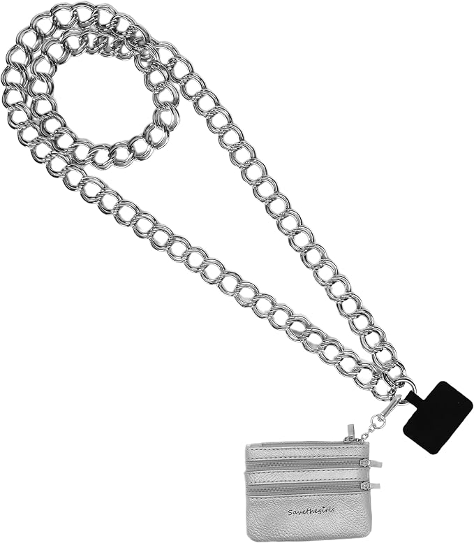 Save the Girls Clip and Go Double Link Chain (Silver - Silver Pouch) – Stylish Phone Lanyard Crossbody with Wallet for Women, Hands-Free Carrying and Adjustable Crossbody Chain Strap