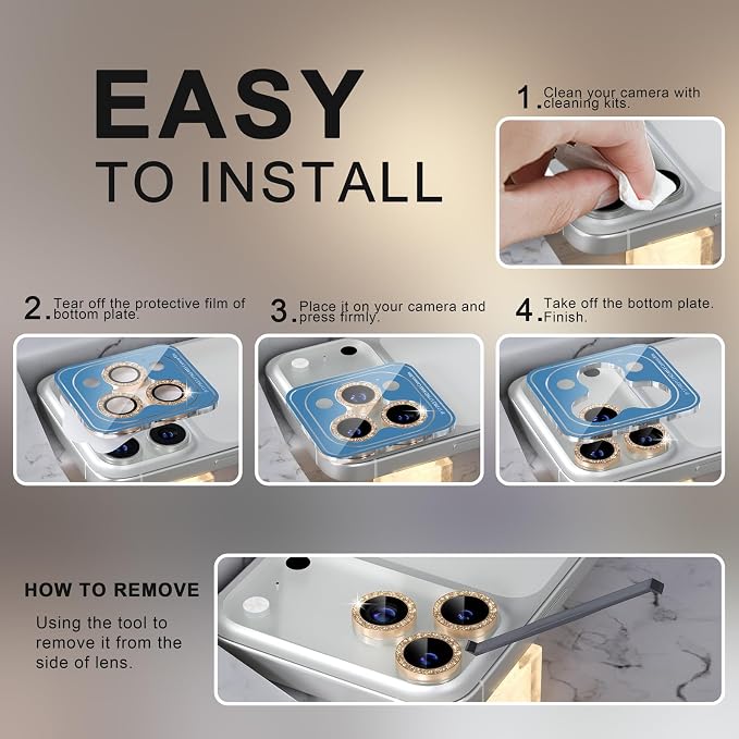 Choiche Compatible for iPhone 17 Pro/iPhone 17 Pro Max Camera Lens Protector Bling, 9H Tempered Glass Camera Cover Screen Protector Metal Ring Decoration Accessories (Glitter-Gold)