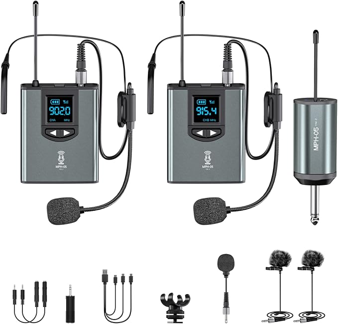ttstar Wireless Microphone System Headset/Stand/Lavalier Mic with Rechargeable Bodypack Transmitter Receiver for PA Speaker, Camera, Recording, Teaching, Church (2T1R-Steel)