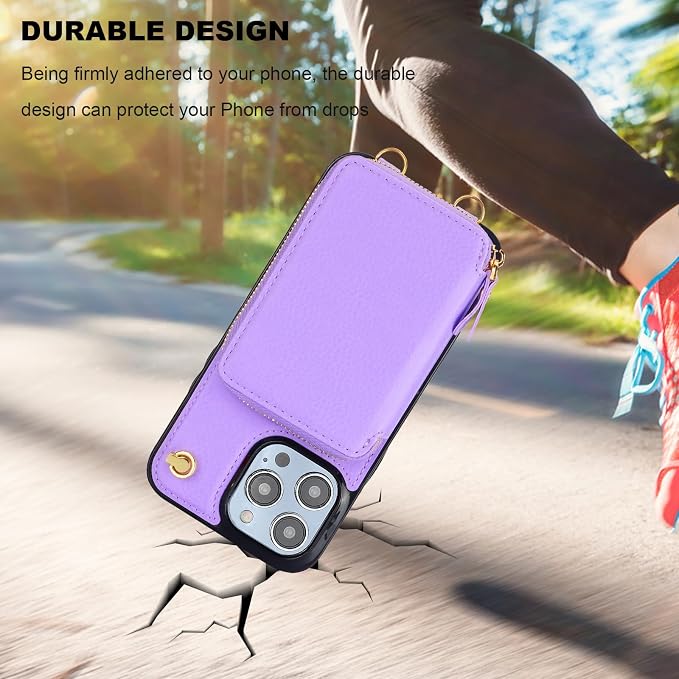 Bocasal Crossbody Wallet Case for iPhone 14 Pro Max, RFID Blocking Leather Purse Case with Card Holder, Protective Handbag Flip Cover with Zipper Wrist Strap Lanyard for Women 5G 6.7 Inch (Purple)