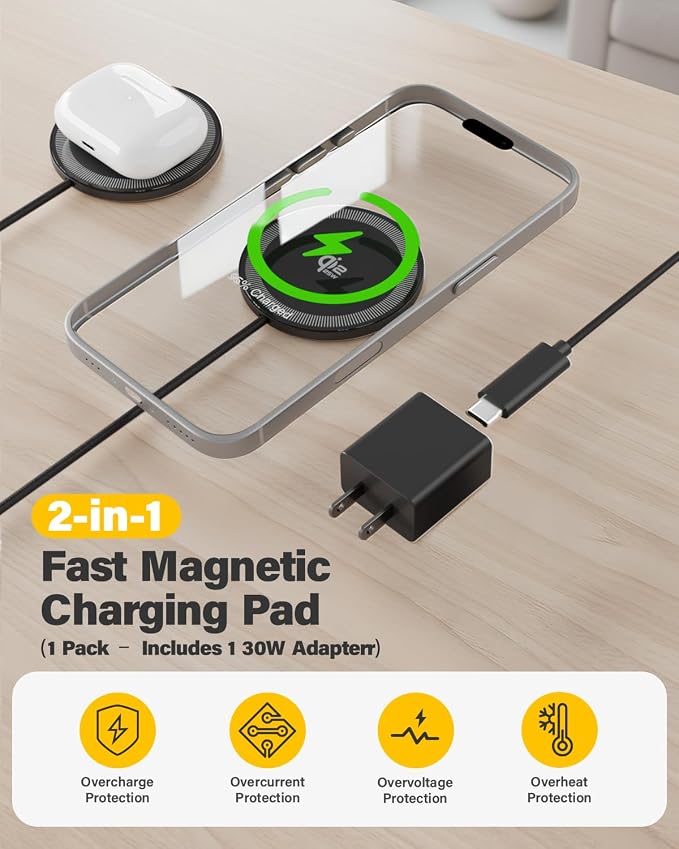 25W Magnetic Wireless Charger, 10FT Fast Charging Pad Qi2.2 Wireless Charge for iPhone 17 16 /AirPods3/2/Pro/for Galaxy S26 Ultra/Pixel 10 Series, Portable Charger for Desk& Travel(1Pack,Black)