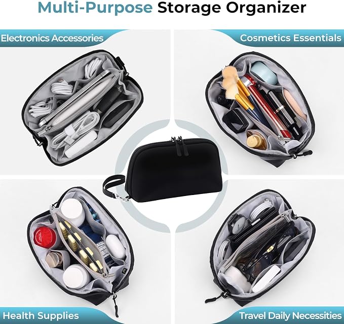 FYY Travel Cable Organizer - 8 Compartments, Lightweight, Water Repellent | With Wrist Strap, Portable Tech Pouch for Cord Charger, Travel and Business Trips Use, Soft Shell Nylon, Black (Small)