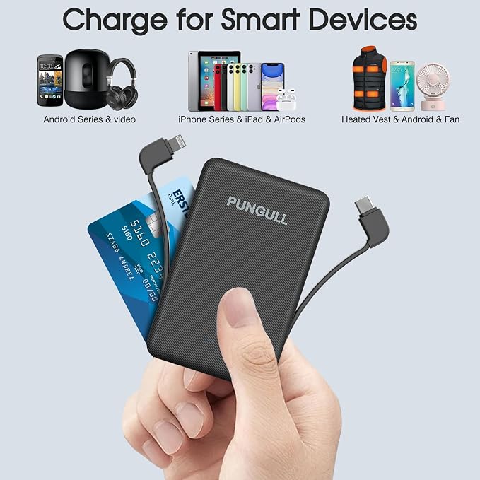 Slim Portable Charger 5000mAh - Compact Mini Small Power Bank Built-in Cable Cute Mobile Cell Phone External Battery Pack 5V 2.1A USB-C Compatible with iPhones 6/7/8/X/XS/XR/11/12/13/14 Airpods
