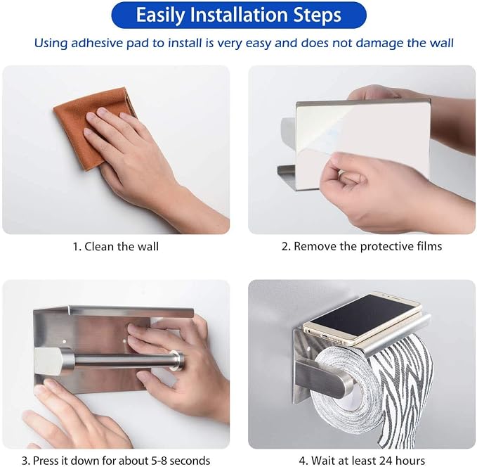 WAYDELI Toilet Paper Holder with Phone Shelf, Fit Mega Rolls, Tissue Roll Dispenser with Storage Shelf, SUS304 Stainless Steel, 3M Adhesive No Drill or Wall-Mounted with Screws - Brushed Nickel