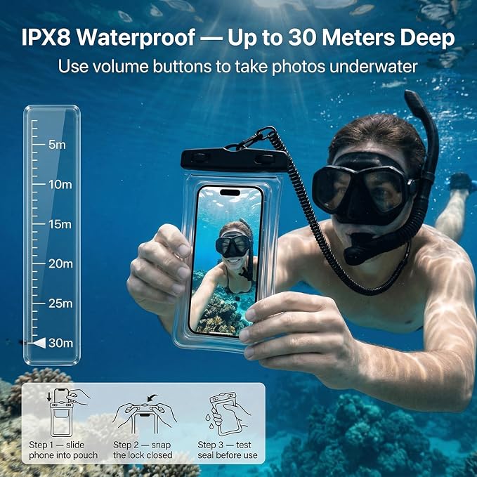 2 Pack Floating Waterproof Phone Pouch, IPX8 Universal Dry Bag for Smartphones up to 7", Clear Touchscreen Case with Secure Lock & Lanyard for Beach, Swimming, Travel & Outdoor Use