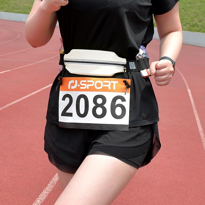 RJ-Sport Triathlon Belt with Pouch - Race Number Bib Holder with 6 Gel Loops, Ideal for Running, Cycling & Marathon (White)