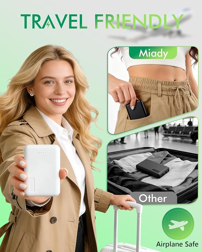 Miady 2-Pack Small Portable Charger 5000mAh Power Bank Travel Battery Pack 2 White | 5000mAh丨18.5Wh丨Type C in&Out丨Pocket Size丨Compatible with iPhone 17 Galaxy S24 Android etc丨Flight-Safe丨Lightweight丨White+White