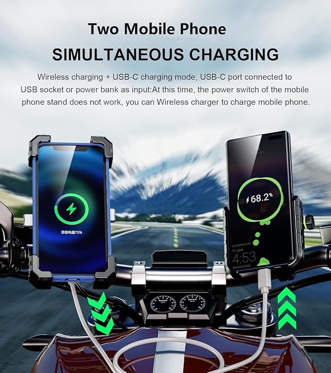 Kewig Motorcycle Phone Mount with Qi 15W Wireless Charger & USB C 20W Fast Charging Port, One-Push Automatically Lock & Quick Release Handlebar Phone Holder for 4.0-6.9" Phone