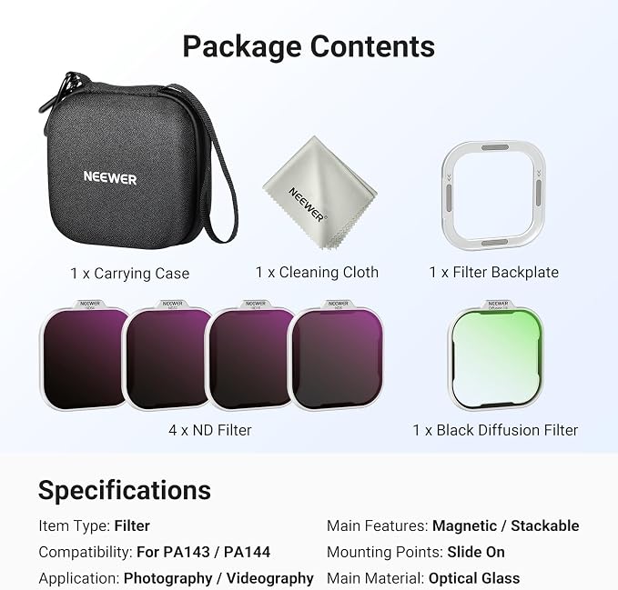 NEEWER ND Filter Set for PA143/PA144 Phone Cage Only, Neutral Density ND8/16/32/64 + Black Diffusion 1/4 + Magnetic Backplate, Filter Accessories Kit Compatible with iPhone 17 Pro/17 Pro Max, Silver